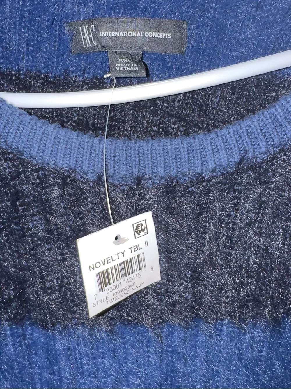 INC International Concepts NWT Fuzzy Striped Crewneck Sweater Blue Black XXL